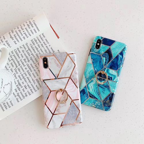 Pink + blue stitching marble ring buckle phone case