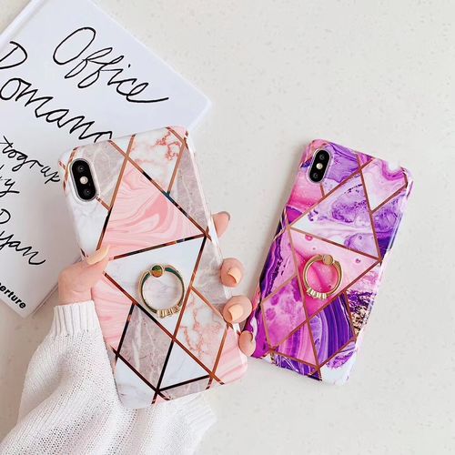 Pink white + purple stitching marble ring buckle phone case